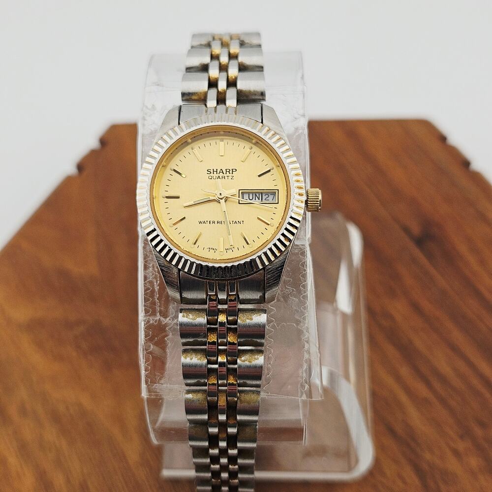 Vintage Sharp Silver tone Watch Yellow Date Dial Old Fashioned Grandpacore Retro